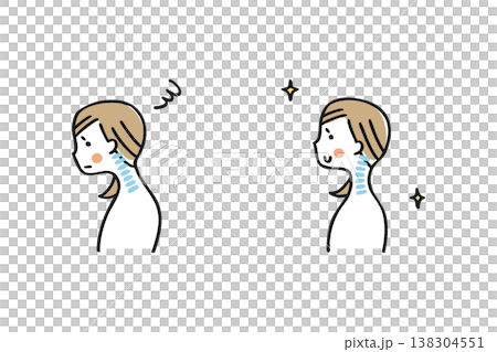 ストレートネックと正常な姿勢の比較イラスト　女性① 138304551