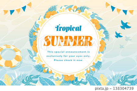 夏の海や夏休みの浜辺をイメージしたトロピカル背景フレーム_葉や花、波紋など_コピースペースあり 138304739