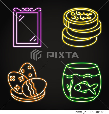 Attributes of Nowruz holiday neon icon set 138304888