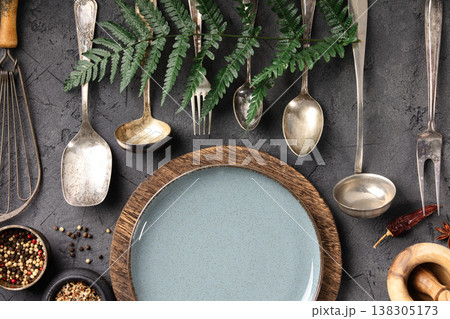 Rustic Culinary Flat-Lay Collection with Vintage Silverware, Herbs, Spices, and Natural Elements Rustic Culinary Flat-Lay Collection with Vintage Silverware, Herbs, Spices, and Natural Elements 138305173