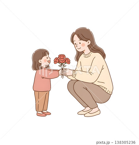 母の日に娘がカーネーションを手渡す親子シーン（シンプル手描きイラスト） 138305236
