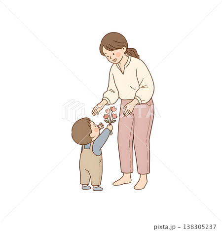 母の日に幼い子供が母親に花束を差し出すシーン（シンプル手描きイラスト） 138305237