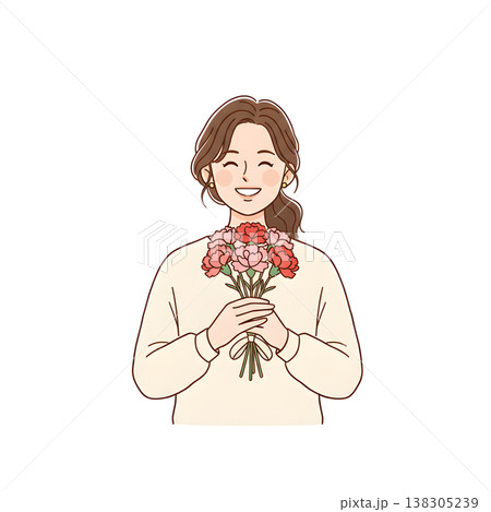 母の日に花束を受け取って喜ぶ母親（シンプル手描きイラスト） 138305239