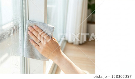 結露した窓ガラスやサッシを布で拭き掃除する女性の手元。冬の家事と掃除の風景。 138305357