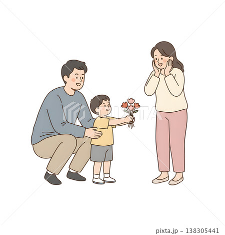父と子供が一緒に母へ母の日プレゼントを贈るシーン（シンプル手描きイラスト） 138305441