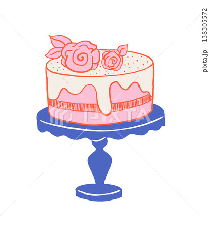 Pink and blue wedding cake on a stand retro illustration. Vintage cafe, patisserie and bakery 138305572