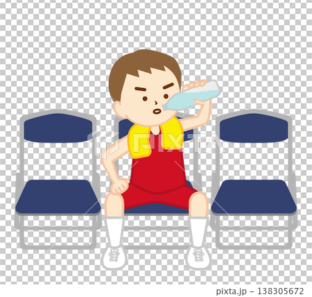 一名籃球運動員坐在折疊椅上補充水分。 一名籃球運動員坐在折疊椅上補充水分。 138305672