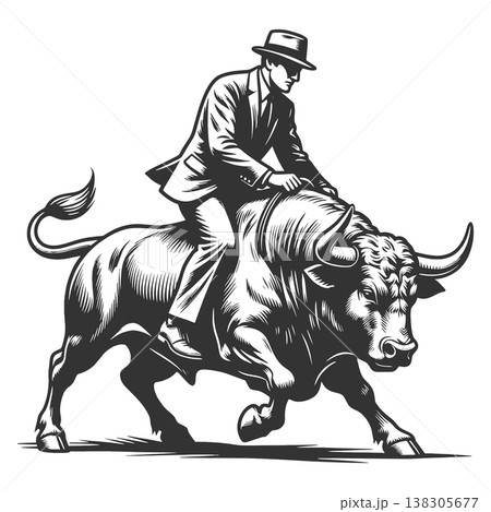 Businessman Riding Bull engraving sketch vector Businessman Riding Bull engraving sketch vector 138305677