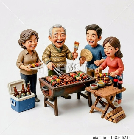 クレイアート風に描いた、外でバーベキューをするシニア夫婦と息子夫婦 クレイアート風に描いた、外でバーベキューをするシニア夫婦と息子夫婦 138306239