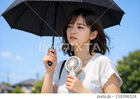 日傘を差してハンディファンを使う女性 138306324