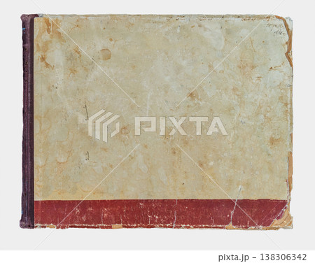 Old book cover with worn paper surface and faded spine showing heavy use and age. Concept of book, history, design preservation, antique memory, vintage archive Old book cover with worn paper surface and faded spine showing heavy use and age. Concept of book, history, design preservation, antique memory, vintage archive 138306342