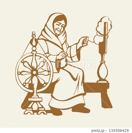 Vector drawing. Grandmother with a Spindle 138306429