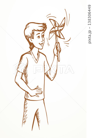 Vector drawing. A boy with a wind toy Vector drawing. A boy with a wind toy 138306449