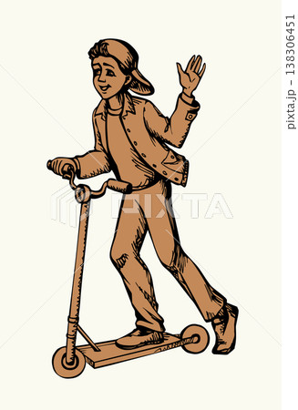 Vector drawing. A boy riding a scooter Vector drawing. A boy riding a scooter 138306451