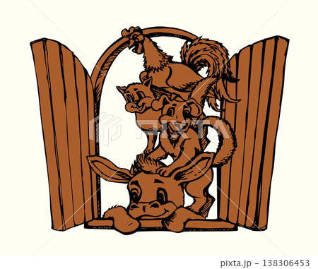 Vector drawing. Donkey, dog, cat and rooster. Vector drawing. Donkey, dog, cat and rooster. 138306453