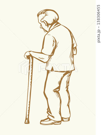 Vector drawing. Old man with wooden stick Vector drawing. Old man with wooden stick 138306455