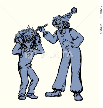 Vector drawing. Clown and small boy Vector drawing. Clown and small boy 138306470