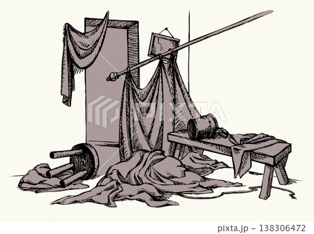 Vector drawing. Cluttered room view. Vector drawing. Cluttered room view. 138306472