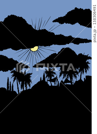 Vector drawing. Old village at river Vector drawing. Old village at river 138306491
