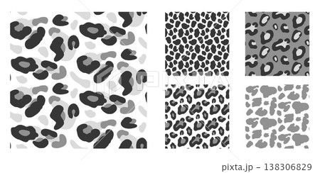 Animal seamless pattern collection with rosette and spot in monochrome for fabric. Abstract animalistic, leopard and cheetah on dark backdrop. Hand drawn vector set with seamless organic blobs 138306829