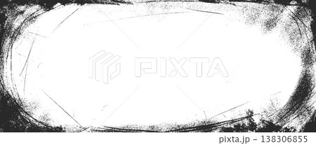 Oval blank border or paper frame with dust and grunge with black vignette and white distress. Bold frame overlay with dark rustic imperfection and film texture. Vector noir screen for retro print Oval blank border or paper frame with dust and grunge with black vignette and white distress. Bold frame overlay with dark rustic imperfection and film texture. Vector noir screen for retro print 138306855