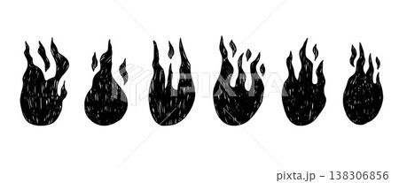 Linocut bonfire set. Naive kids flame icons illustrations with crayon and charcoal effects. Collection of rough-textured blazing elements. Great for retro designs, punk aesthetics, creative background 138306856