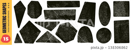 Grainy geometric shapes with heavy ink roller texture on white. Geometry elements set with grunge brush frame including triangle, oval and arch. Linocut hand drawn vector shape for sticker and tag 138306862
