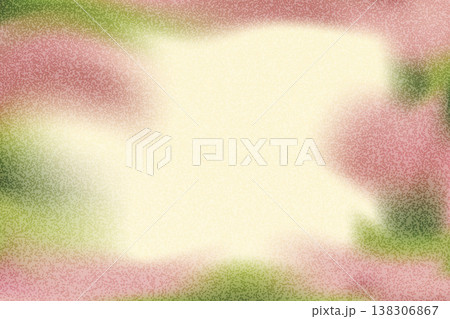 Grain frame with floral summer gradient background with spray noise for poster. Pink botanical vector border with gentle pastel and green leaves. Ethereal grainy blur with warm dreamy backdrop 138306867