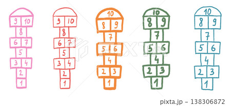 Hopscotch games chalk drawn outline child-like set isolated on dark background. Kid playground outdoor entertainment. Vector colorful wax crayon handwritten illustration elements 138306872