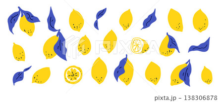 Doodle lemon illustrations with Italian Mediterranean charm. Hand drawn naive doodle fruit doodles featuring slices, branches in blue yellow tones. Vector lemons scribble hand drawn isolated no bg 138306878