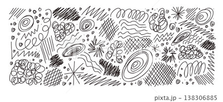 Ink pen scribbles text highlights decor. Hand-drawn scratches, squiggles and abstract doodles, naive stars set. Vector handmade irregular oval, crosshatching forms isolated on transparent background 138306885