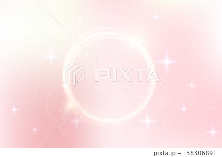 Pink shine background with frame flare and dream glitter gradient. Sparkle orb in pastel coral gradation with soft cream light. Pink vector shiny circle template for fashion and beauty design bg 138306891