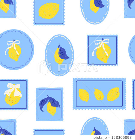 Seamless whimsical lemon pattern in mixed blue stamp shapes with ribbon bow. Pattern of oval round and rectangle stamps with Italian fruit for summer print. Floral vector for aop and coastal textile 138306898