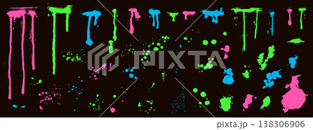 Spray splatter and drip gaming texture elements for esport stream overlay and tournament design. Neon ink grunge set with paint drops for banner graphics. Vector graffiti splotch, drips splat isolated Spray splatter and drip gaming texture elements for esport stream overlay and tournament design. Neon ink grunge set with paint drops for banner graphics. Vector graffiti splotch, drips splat isolated 138306906
