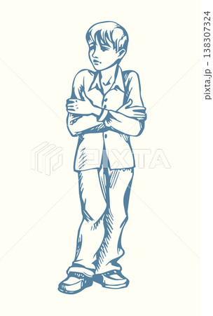 Vector drawing. The boy got wet and froze Vector drawing. The boy got wet and froze 138307324