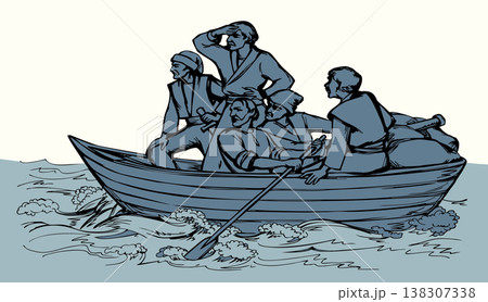 Vector drawing. Ancient men in the boat 138307338