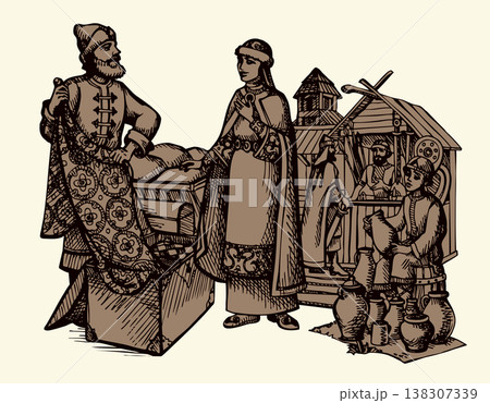 Vector drawing. Man sells a fabric om ancient market 138307339