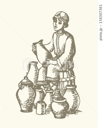 Vector illustration of a boy selling pots. Vector illustration of a boy selling pots. 138307361