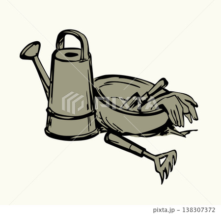 Vector drawing. Garden gloves, shovel and rake Vector drawing. Garden gloves, shovel and rake 138307372