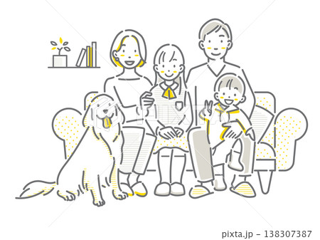 みんなで一緒にソファに座る笑顔の家族とペットの犬　シンプルでお洒落な線画イラスト 138307387