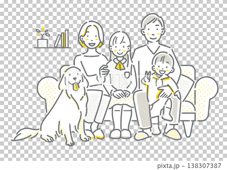 一幅簡潔而時尚的線條插畫,描繪了一個笑容滿面的家庭和他們的寵物狗一起坐在沙發上。 一幅簡潔而時尚的線條插畫,描繪了一個笑容滿面的家庭和他們的寵物狗一起坐在沙發上。 138307387