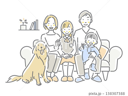 みんなで一緒にソファに座る笑顔の家族とペットの犬　シンプルでお洒落な線画イラスト 138307388