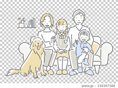 一幅簡潔而時尚的線條插畫,描繪了一個笑容滿面的家庭和他們的寵物狗一起坐在沙發上。 一幅簡潔而時尚的線條插畫,描繪了一個笑容滿面的家庭和他們的寵物狗一起坐在沙發上。 138307388