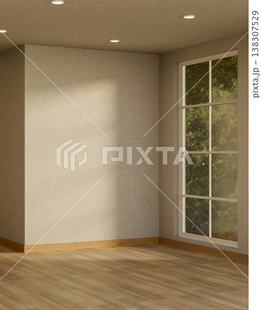 Empty white wall over wooden parquet floor with sunlight through garden view window in a modern room 138307529