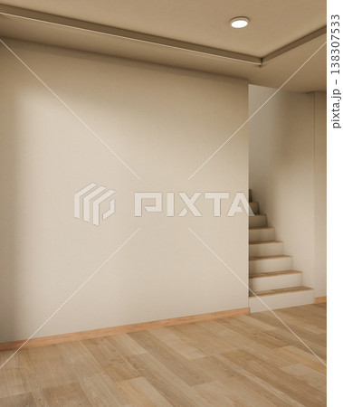 Empty white wall with ceiling lamp aside stairs over wooden parquet floor in a modern house or room. Empty white wall with ceiling lamp aside stairs over wooden parquet floor in a modern house or room. 138307533