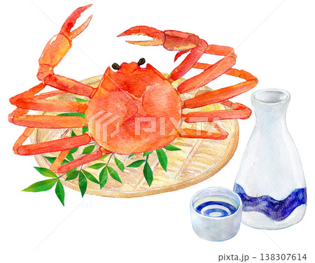 水彩イラスト　手描きイラスト　カニ料理　日本酒 138307614