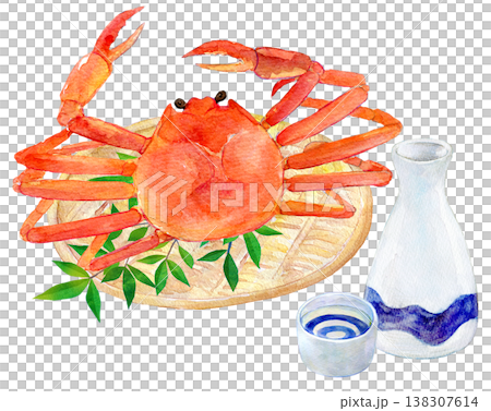 水彩イラスト　手描きイラスト　カニ料理　日本酒 138307614