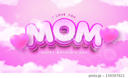 Happy Mother's Day Greeting Card with Pink Heart Balloon and 3d Typography on Cloudy Sky Background. Vector Motherhood Celebration Design with Symbol of Love for Greeting Card, Banner, Flyer Happy Mother's Day Greeting Card with Pink Heart Balloon and 3d Typography on Cloudy Sky Background. Vector Motherhood Celebration Design with Symbol of Love for Greeting Card, Banner, Flyer 138307821