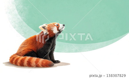 Red panda sitting looking up against teal abstract background, calm contemplative mood 138307829