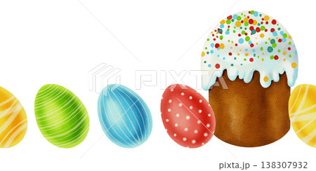 Watercolor seamless border with traditional Easter cake Kulich with glaze and sprinkles, and colorful painted eggs. Perfect for Easter decorations Watercolor seamless border with traditional Easter cake Kulich with glaze and sprinkles, and colorful painted eggs. Perfect for Easter decorations 138307932